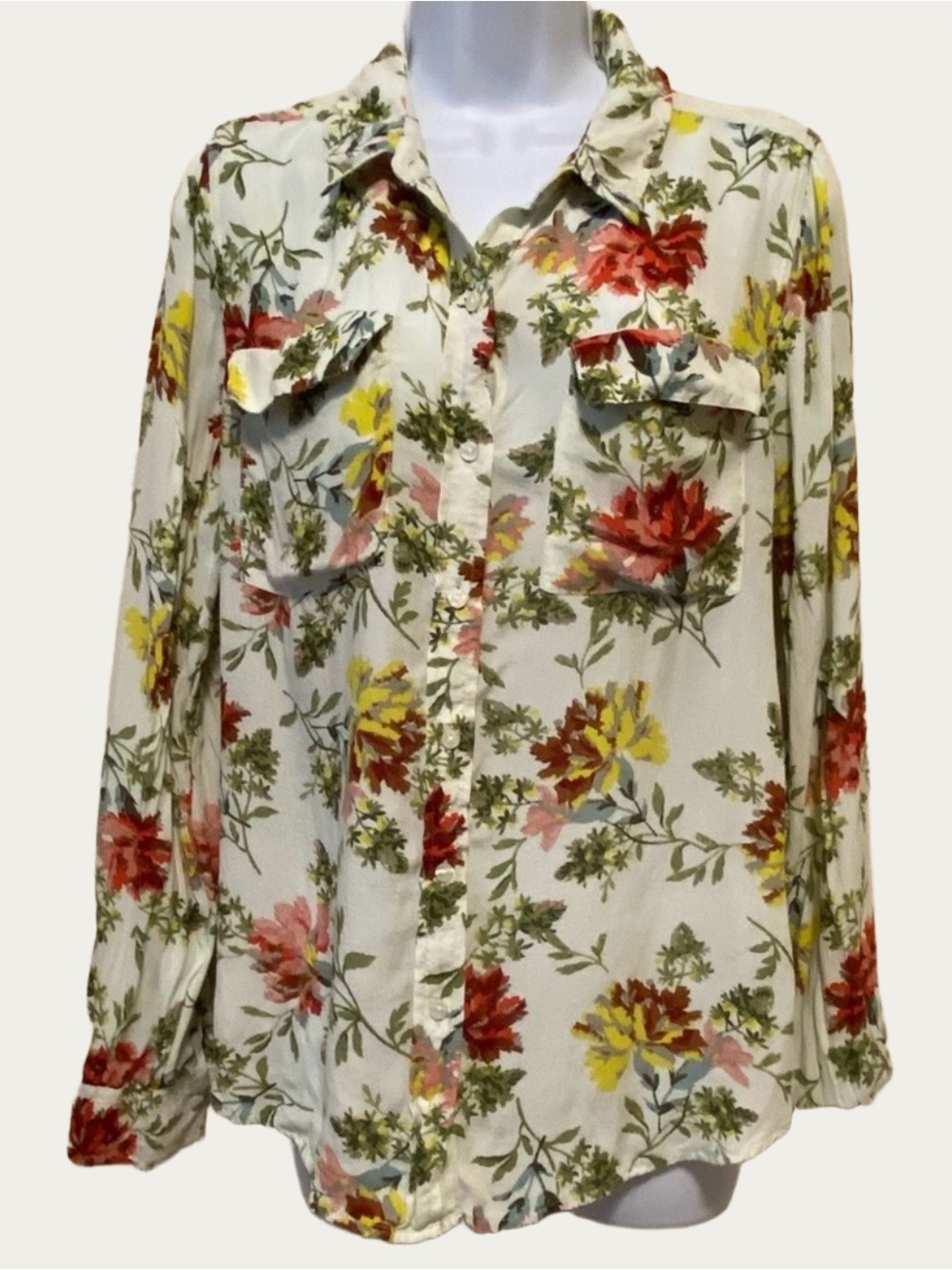Lucky Brand Cheery Flower Detail Top Long Sleeve Button Down Shirt Boho med